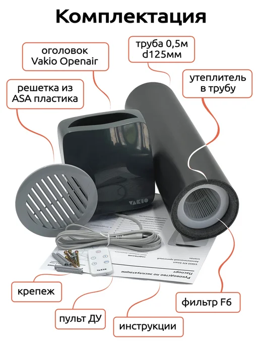 Vakio Приточный клапан стеновой ВАКИО OPENAIR с вентилятором, серый, фото 6
