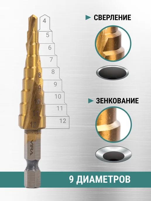 VIRA Сверло ступенчатое спиральное шестигранный хвостовик 4-12 мм, вариант, фото 3