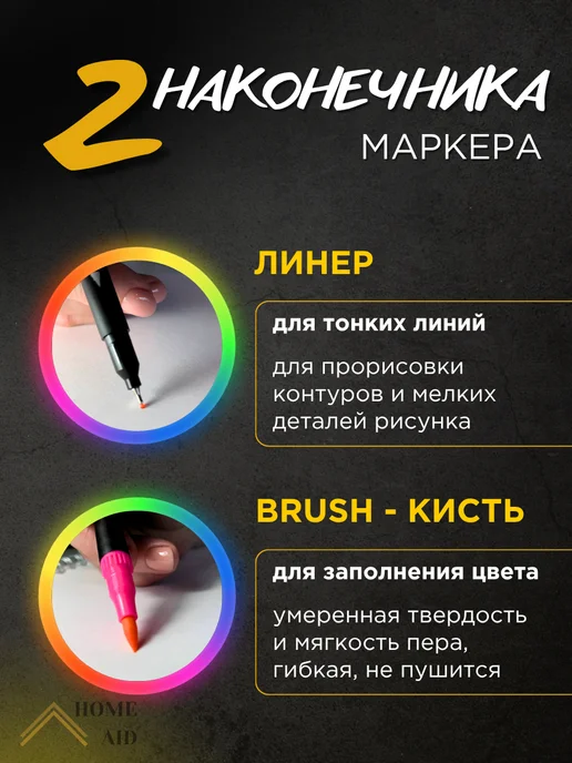 HOME AID Маркеры акварельные двусторонние с кистью и линером, синий, 24 шт, фото 3