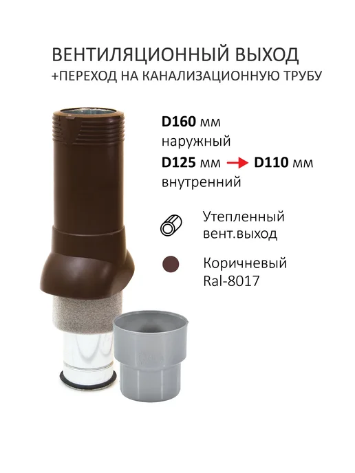 Meres Колпак D160, вент.выход 110 160 Н-500, для скатной кровли, коричневый, фото 2