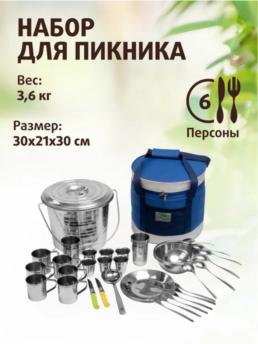Пикник по-русски Набор для пикника с посудой подарочный на 6 персон, синий