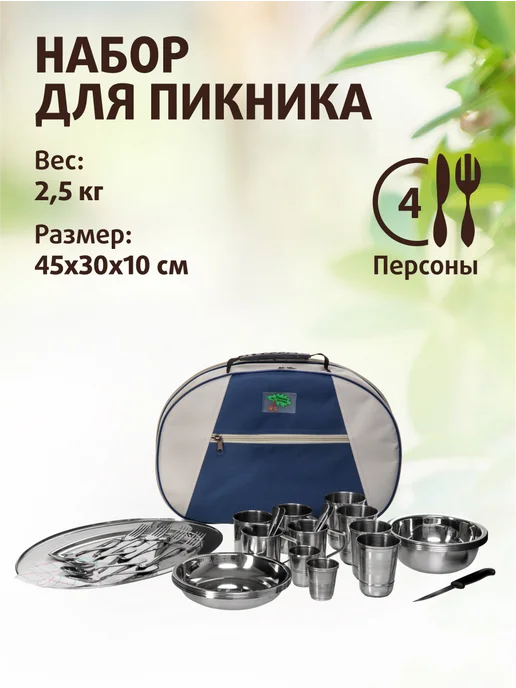 Пикник по-русски Набор для пикника с посудой подарочный на 4 персоны, синий