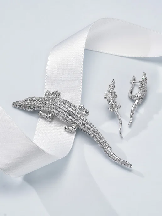 PANTERA_jewellery Брошь булавка Крокодил серебро 925 крупная с фианитами, серебристый, фото 4