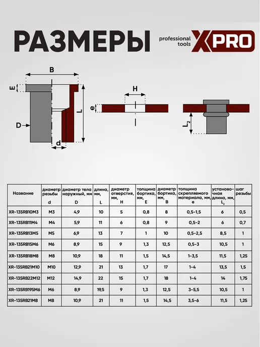 xPro Заклепка резьбовая M6 цил. борт, длинная, бел. цинк (50шт.), 50 шт, фото 4