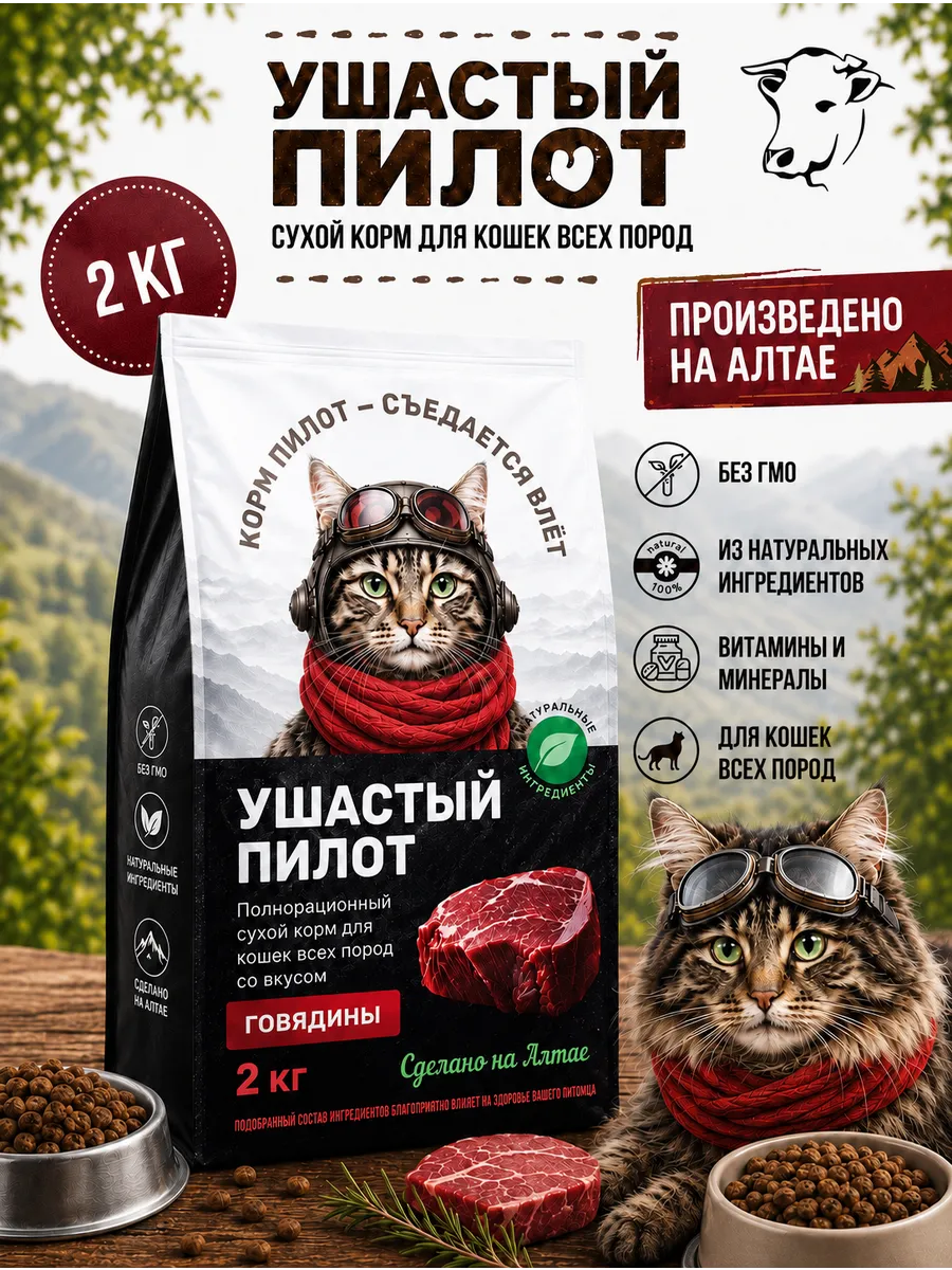 Корм для кошек сухой с говядиной 2 кг