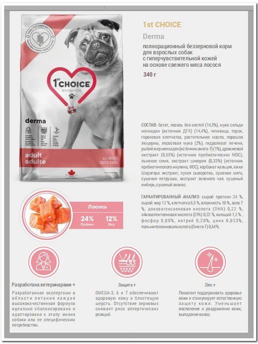 Сухой корм 1st Choice Derma Кожей для собак, чувствительное пищеварение, лосось, 0,34 кг, фото 2