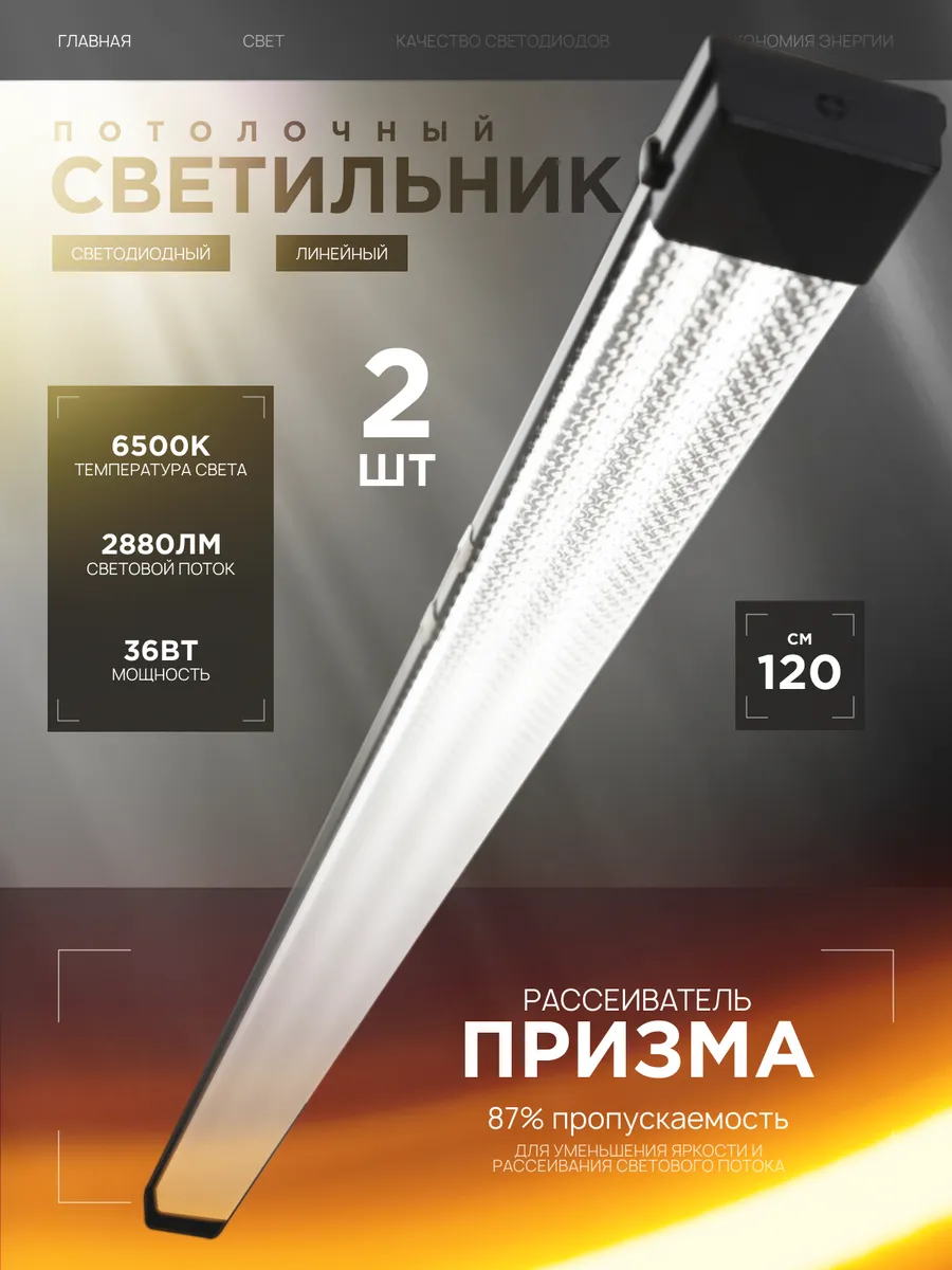 Светильник линейный потолочный 36Вт 6500К 2 штуки