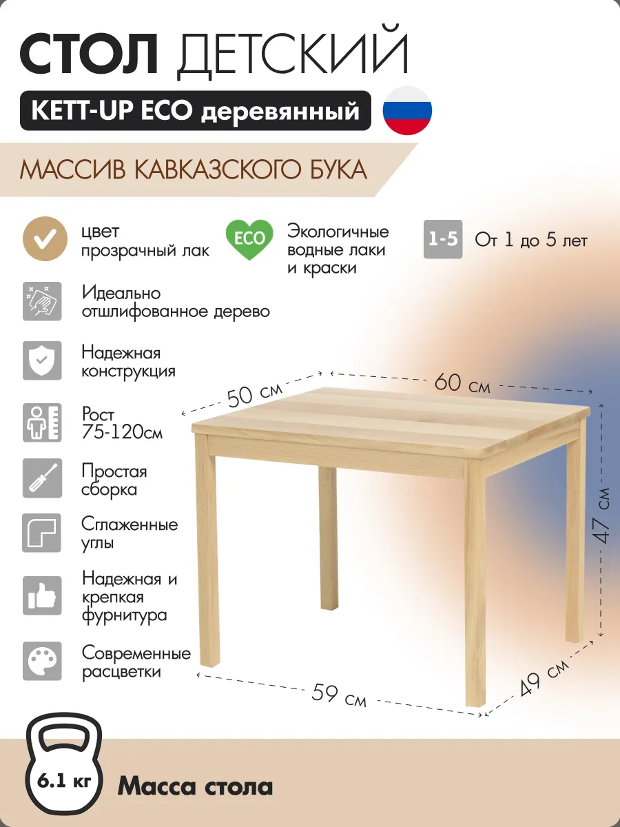 Стол детский деревянный прозрачный лак