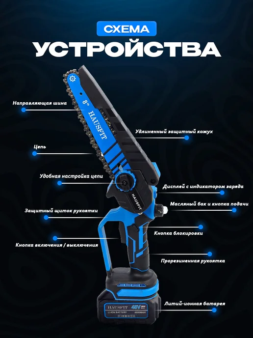 HAUSFIT Мини пила аккумуляторная садовая цепная сучкорез 8 дюймов, синий, фото 4