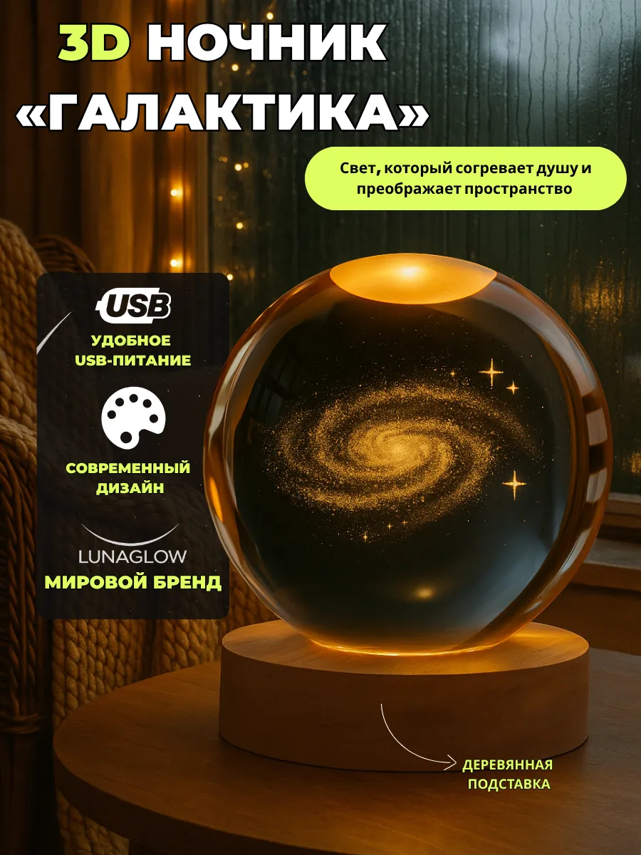 Ночник детский светодиодный стеклянный шар Галактика USB