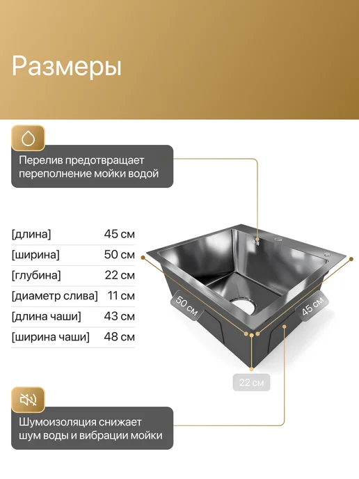 BAUEDGE Мойка раковина для кухни нержавейка врезная 50*45 с сифоном, 50x45, фото 3