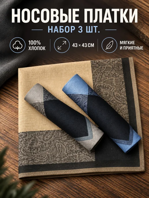 Pastel_lux Платки носовые 3 шт 43х43 см хлопок поло в подарок хб, 43x43 см, 3 шт