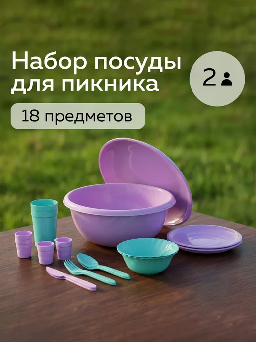 Альт-Пласт Набор посуды для пикника №36 (2 персоны, 18 предметов), голубой