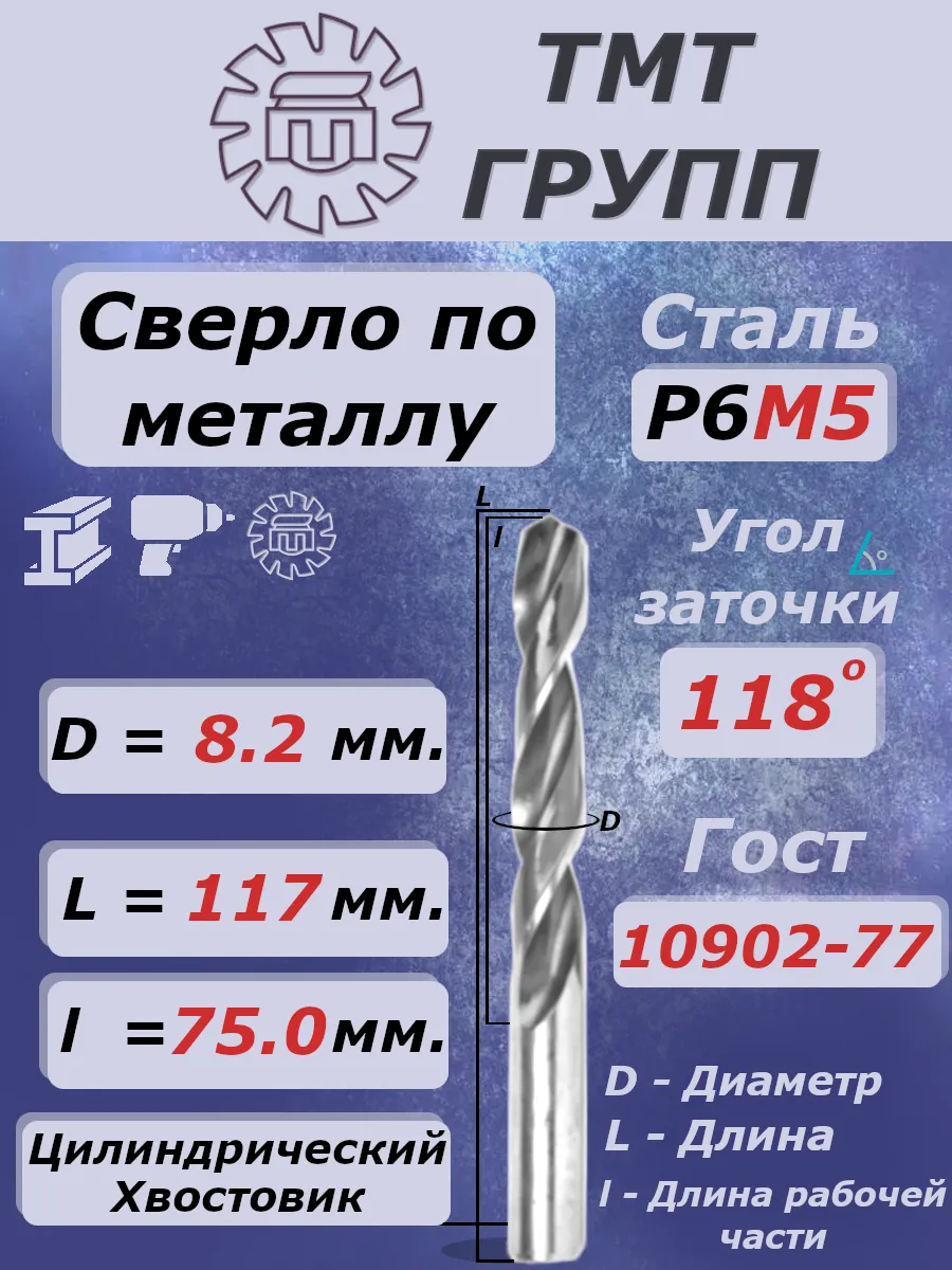 Сверло ц/х 8.2 Р6М5 по металлу цилиндрическое