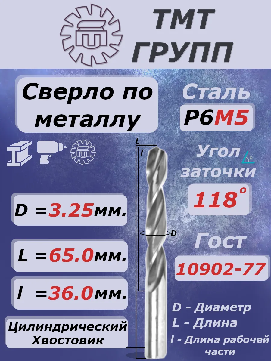 Сверло ц/х 3.25 Р6М5 по металлу цилиндрическое