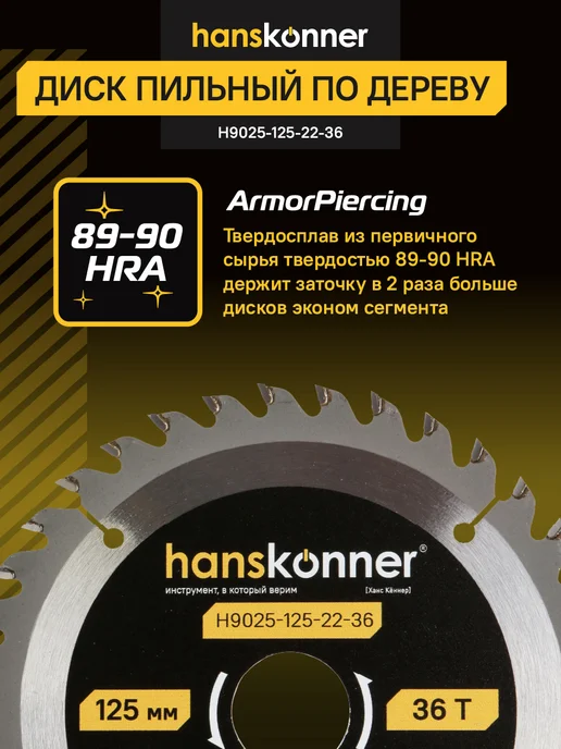 Hanskonner Пильный диск по дереву ArmorPiercing 125x22мм, 36 зубьев, 125x22 мм, фото 3