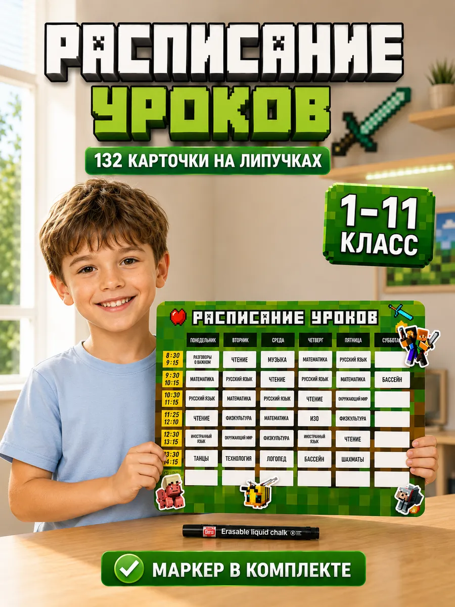 Расписание уроков для мальчиков многоразовое Minecraft
