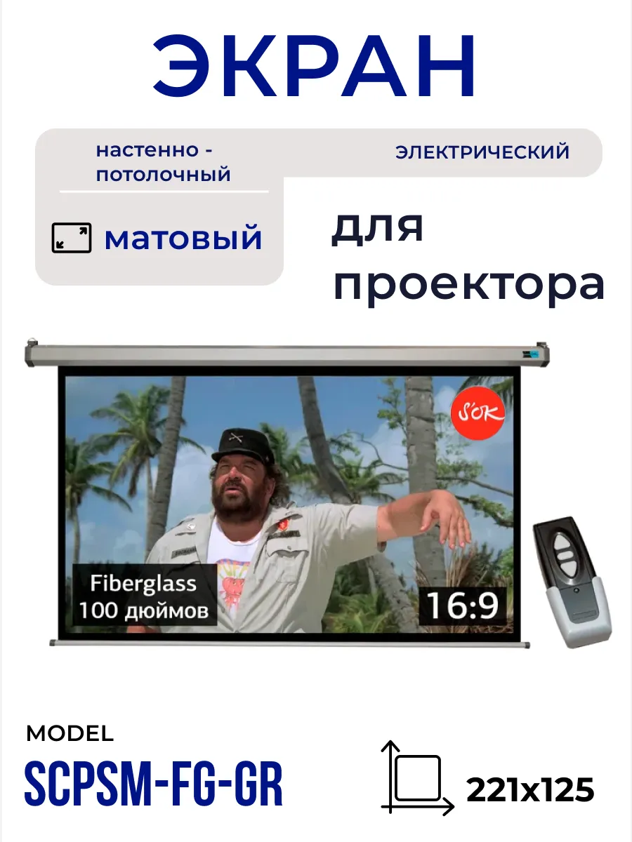 Экран для проектора 221x125 100'' 16 9 с пультом серый