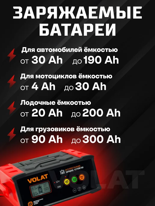 VOLAT Зарядное устройство для аккумулятора автомобиля 12В, 24В, вариант, фото 2