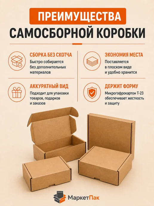 Маркет Пак Коробка для упаковки самосборная 70x70x130 мм – 25 шт, 70x70x130 мм, 25 шт, фото 5
