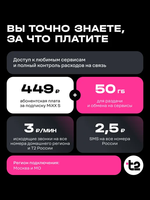 t2 SIM-карта "Классический+MiXX", Москва и МО Баланс 600 руб, вариант, фото 3