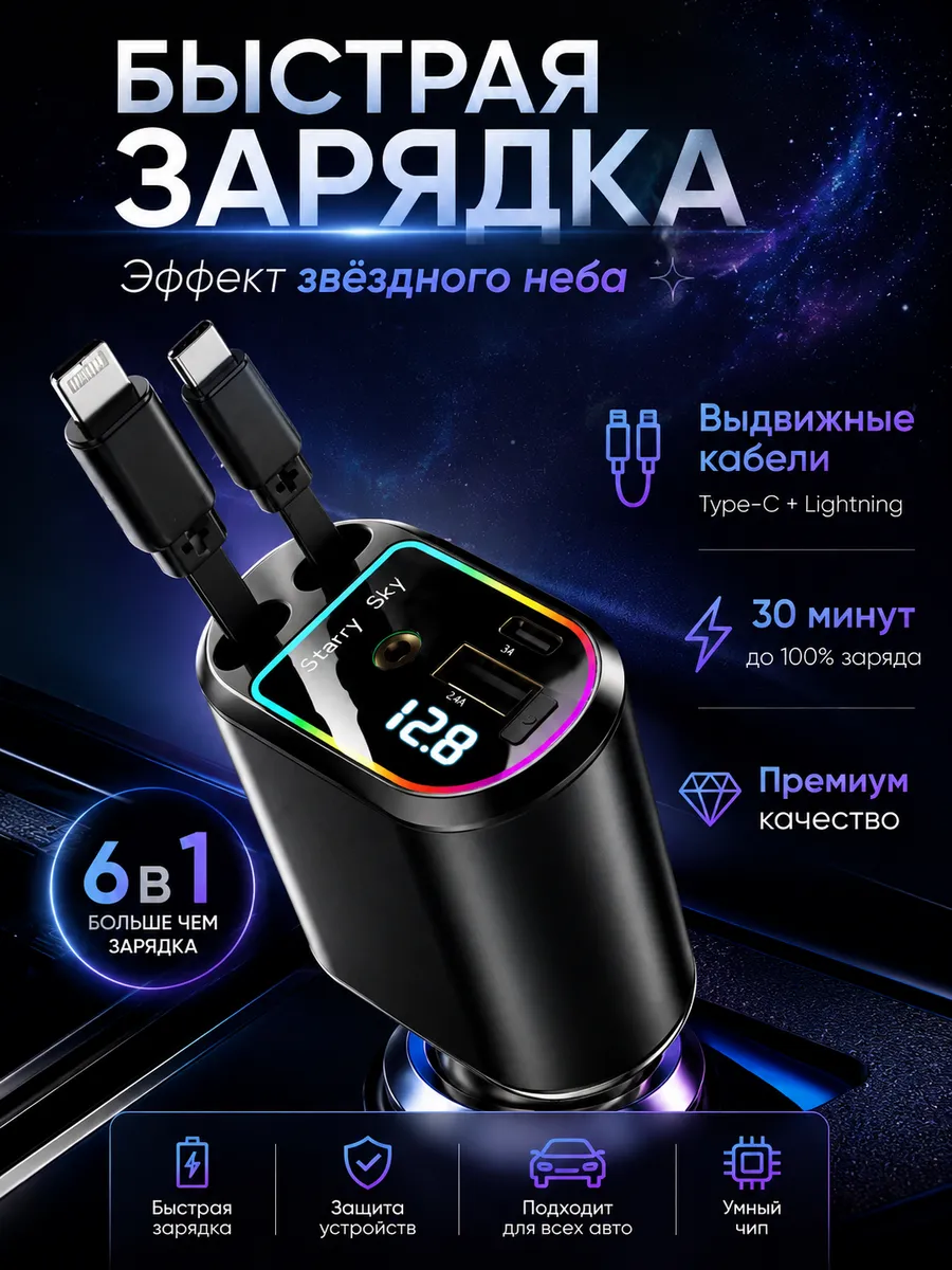 Зарядка в прикуриватель быстрая в машину type-c и usb