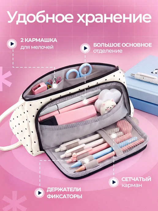 Jollo Пенал школьный для девочек в горошек, белый, фото 2