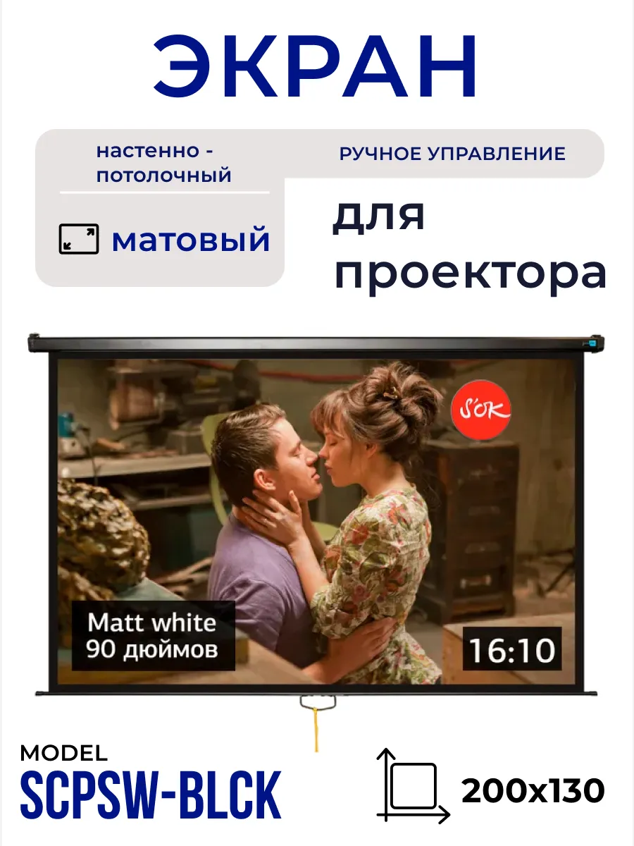 Экран для проектора 200x130 см 16:10 настенный рулонный 90'