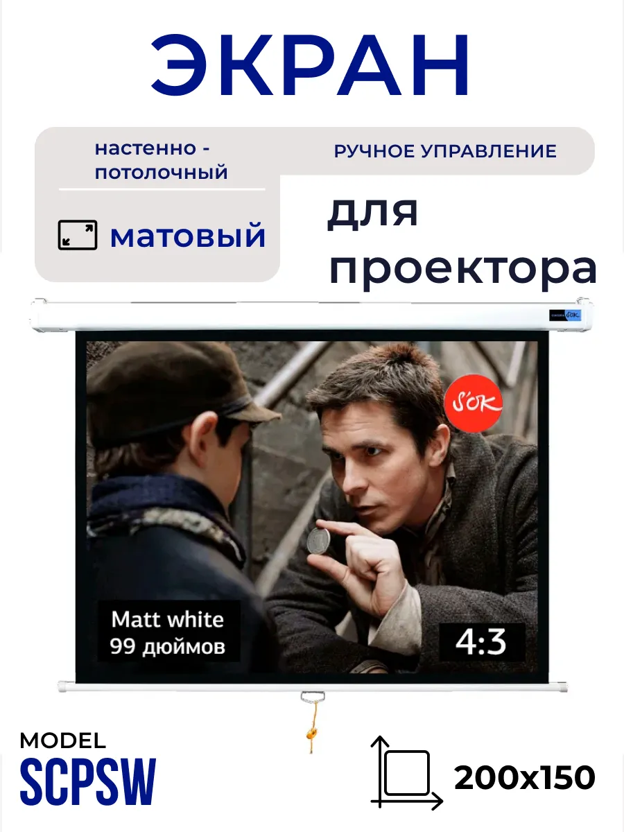 Экран для проектора 200x150 см 4:3 настенный 99 дюймов