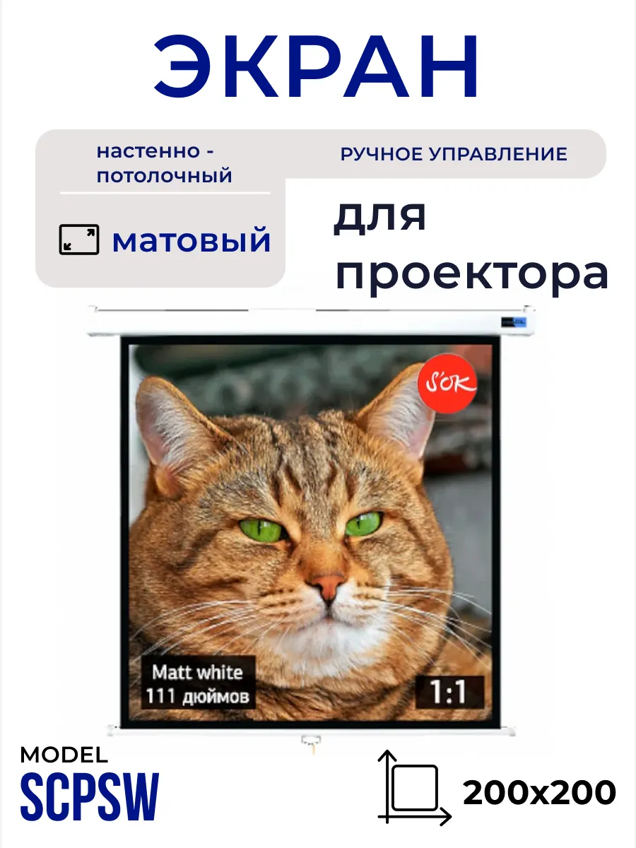 Экран для проектора 200x200 1 1 настенный рулонный 111'