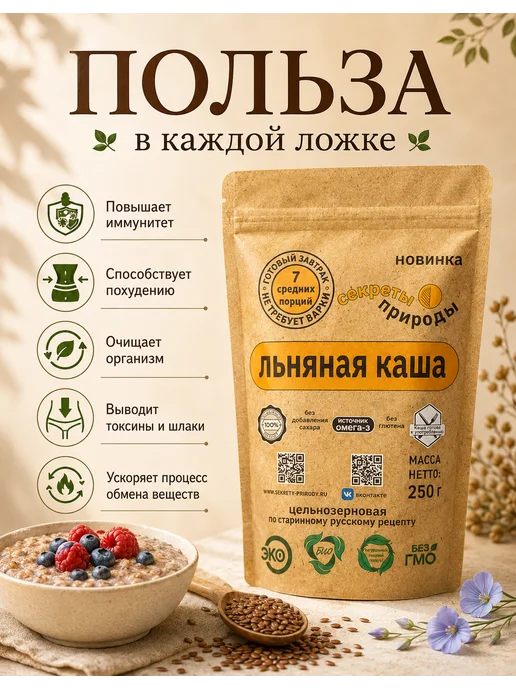 ЛЬНЯНАЯ КАША быстрого приготовления "Секреты природы"/ Каша льняная натуральная, без глютена, 750 г, 750 г, фото 2