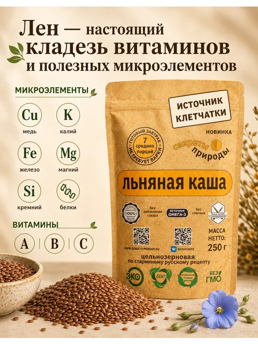 ЛЬНЯНАЯ КАША быстрого приготовления "Секреты природы"/ Каша льняная натуральная, без глютена, 750 г, 750 г, фото 6