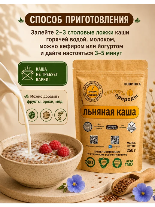 Секреты природы Льняная каша натуральная 500 гр быстрого приготовления, 500 г, фото 4