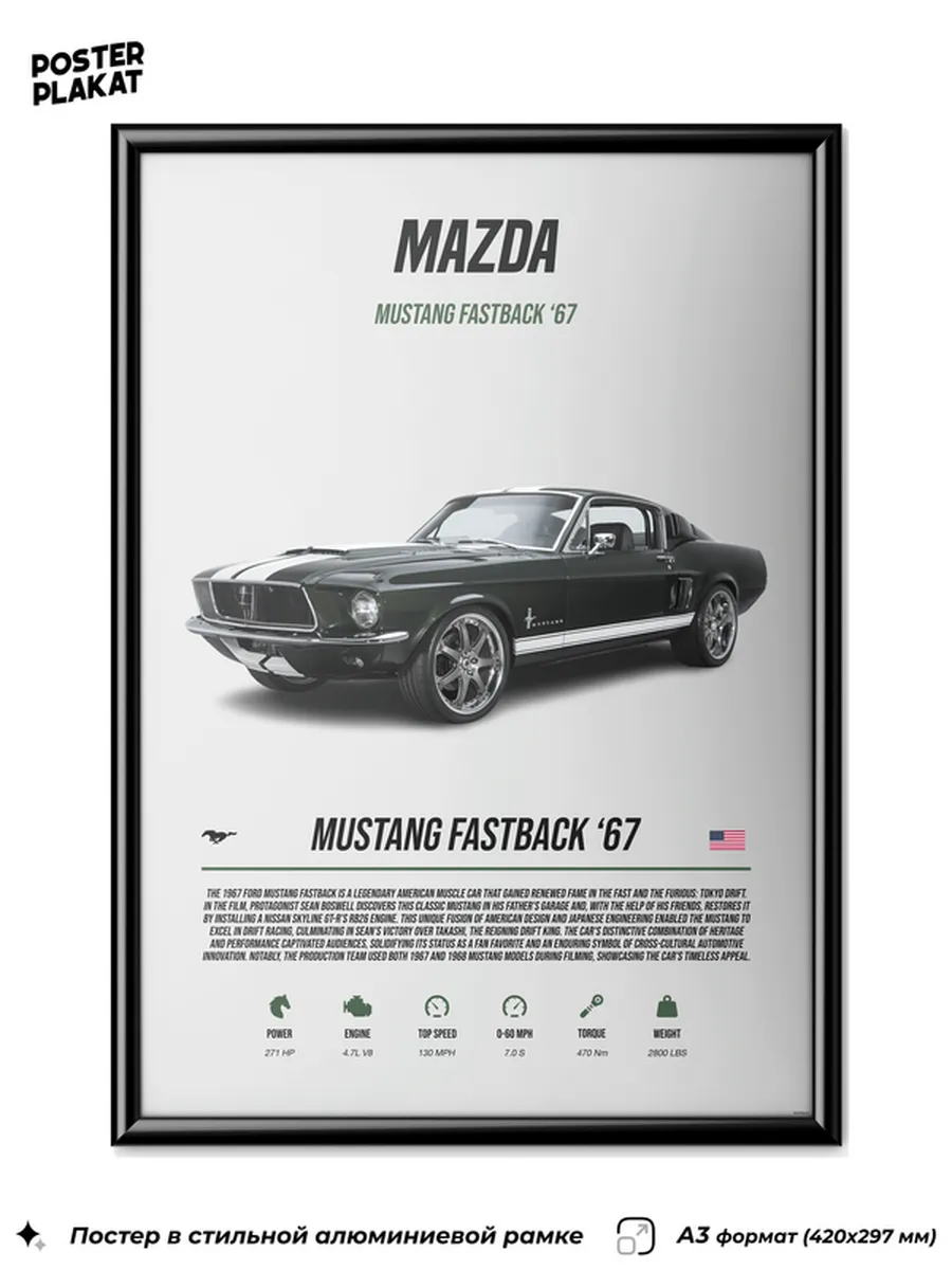 Постер с машиной Mazda Mustang Fastback 67 Мазда Мустанг А3