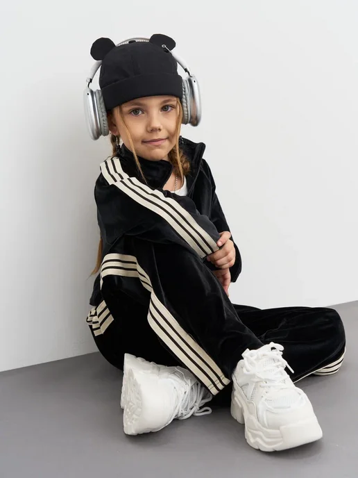 BILBIL KIDS Велюровый костюм спортивный с лампасами, черный, фото 7