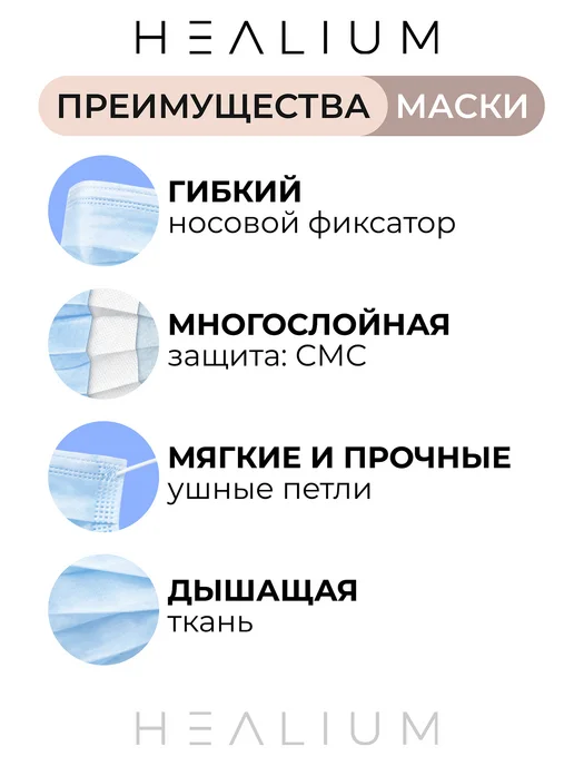 HEALIUM Маска медицинская одноразовая голубая 50 шт премиум, 50 шт, голубой, фото 3