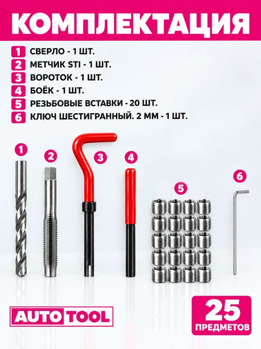 AUTO TOOL Набор для восстановления резьбы М14x1.25 с ввертышами, вариант, фото 4