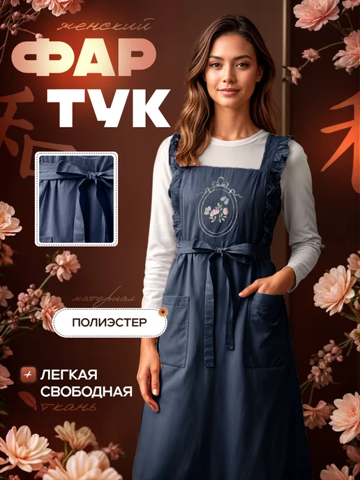 КирМакс Торг Фартук кухонный женский с вышивкой, синий