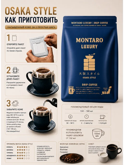 Montaro Кофе в дрип-пакетах "Стиль Осаки" 6 шт x 11 гр, 6 шт, 11 г, фото 2