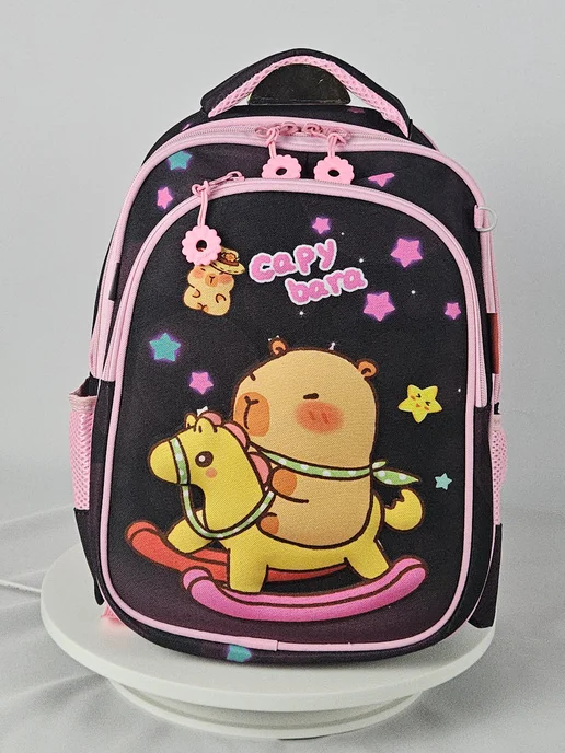 Oki Noki Рюкзак школьный портфель Капибара с пеналом 2в1 Лошадка, черный, фото 7