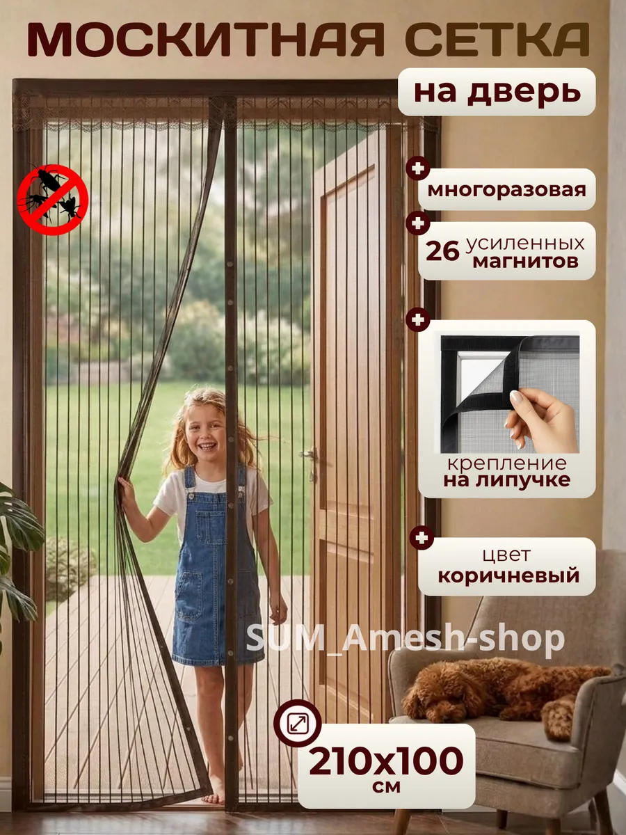 Москитная сетка на дверь на магнитах раздвижная 100*210