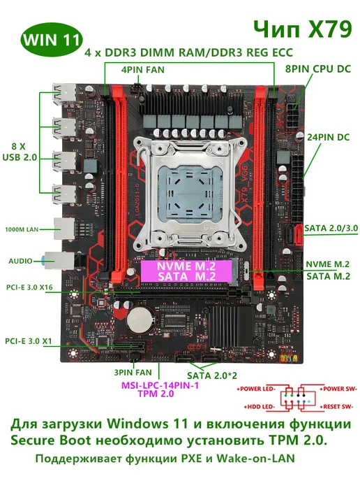 Huassen X79 материнская плата LGA 2011 DDR3 Поддерживает TPM 2.0, вариант, фото 2