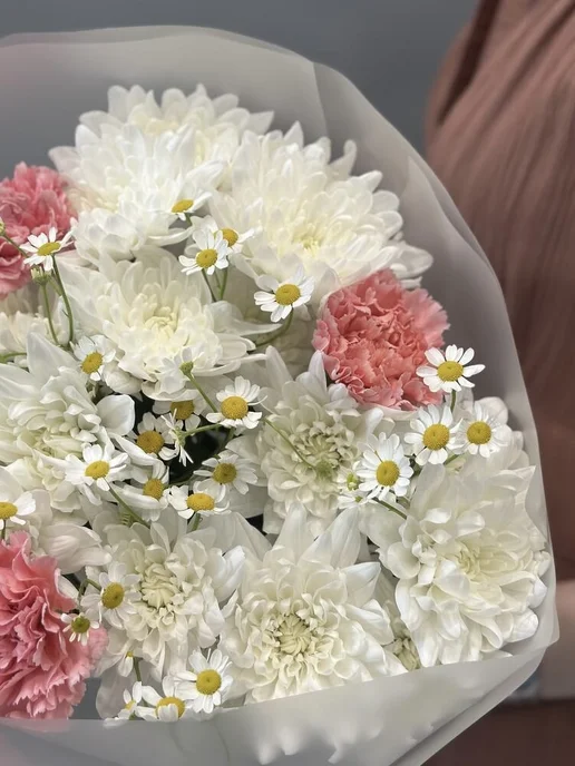 Капуста Flowers Букет живых цветов с ромашками, диантусами и хризантемой, белый, фото 2