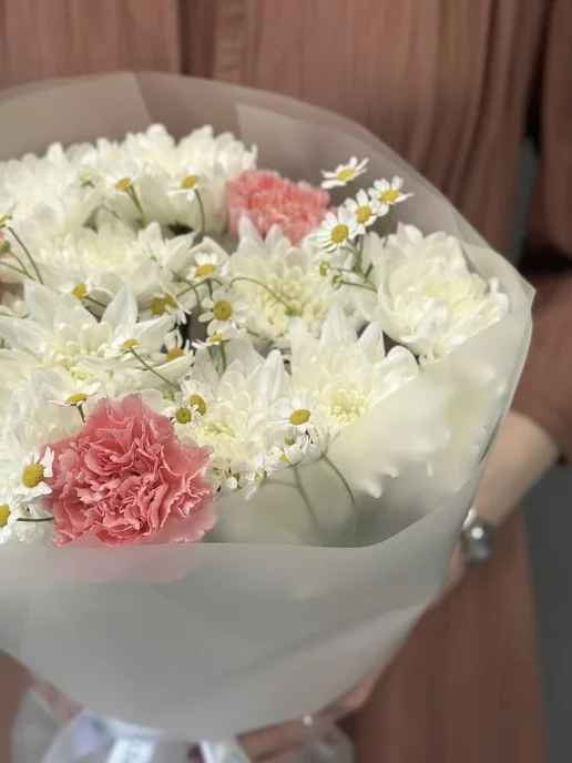 Капуста Flowers Букет живых цветов с ромашками, диантусами и хризантемой, белый, фото 3
