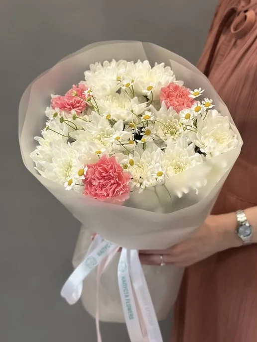 Капуста Flowers Букет живых цветов с ромашками, диантусами и хризантемой, белый, фото 4