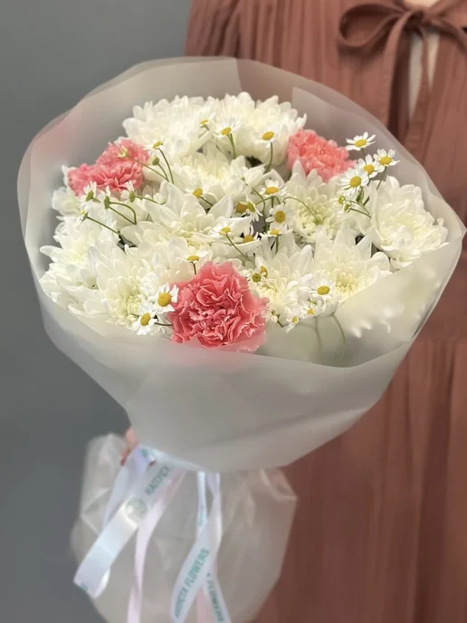 Капуста Flowers Букет живых цветов с ромашками, диантусами и хризантемой, белый, фото 5