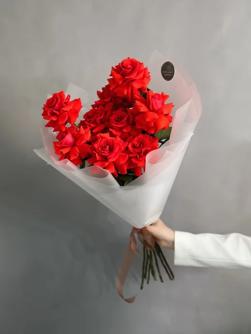 Капуста Flowers Букет живых цветов из красных французских роз 9 штук, красный, фото 2