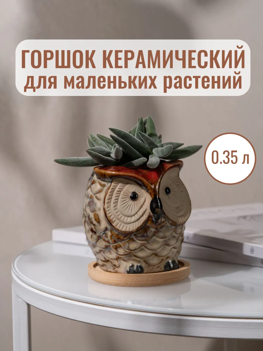 Горшок для цветов керамика с поддоном Сова, h8.5x9см
