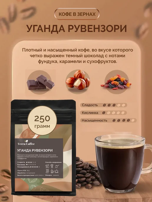 TERRA COFFEE Кофе в зернах 250 г Уганда Рувензори, 250 г