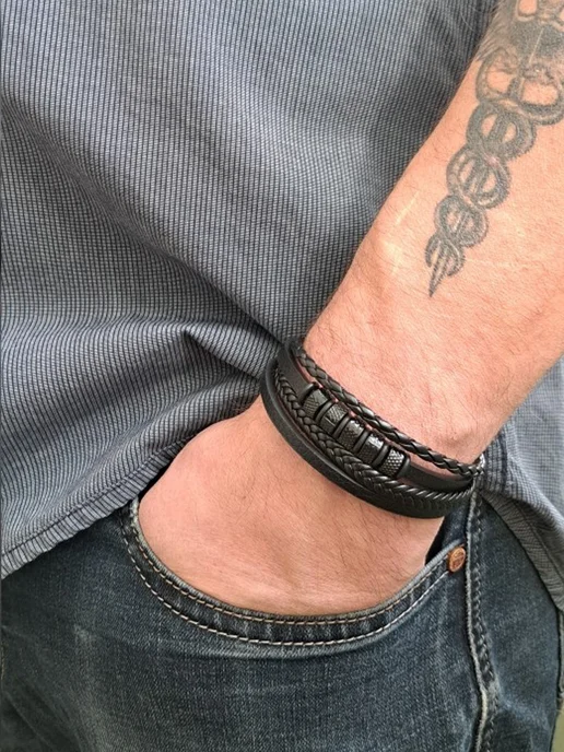 I.STRIGUNOV Leather&Steel Браслет кожаный на руку плетеный из кожи, черный, фото 7